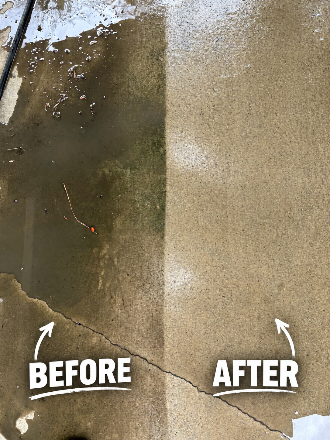 Side-by-side before and after view of a pressure-washed concrete surface